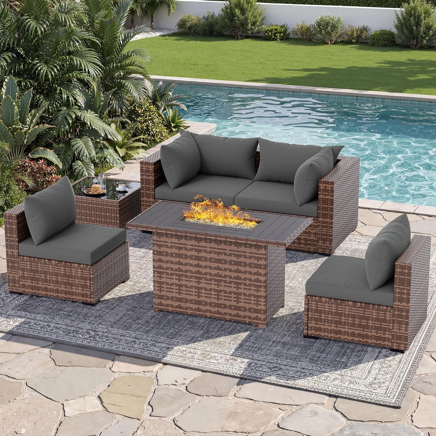 Outdoor Furniture Fire Pit Set - 5-Piece Outdoor Sectional Sofa Set with