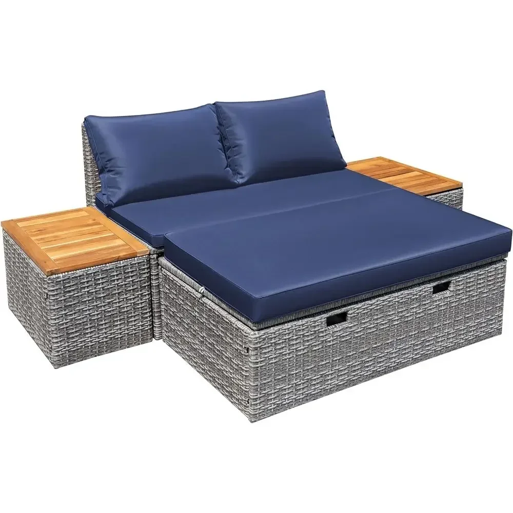 Rattan Lounge Set - Navy Blue Outdoor Patio Daybed Set
