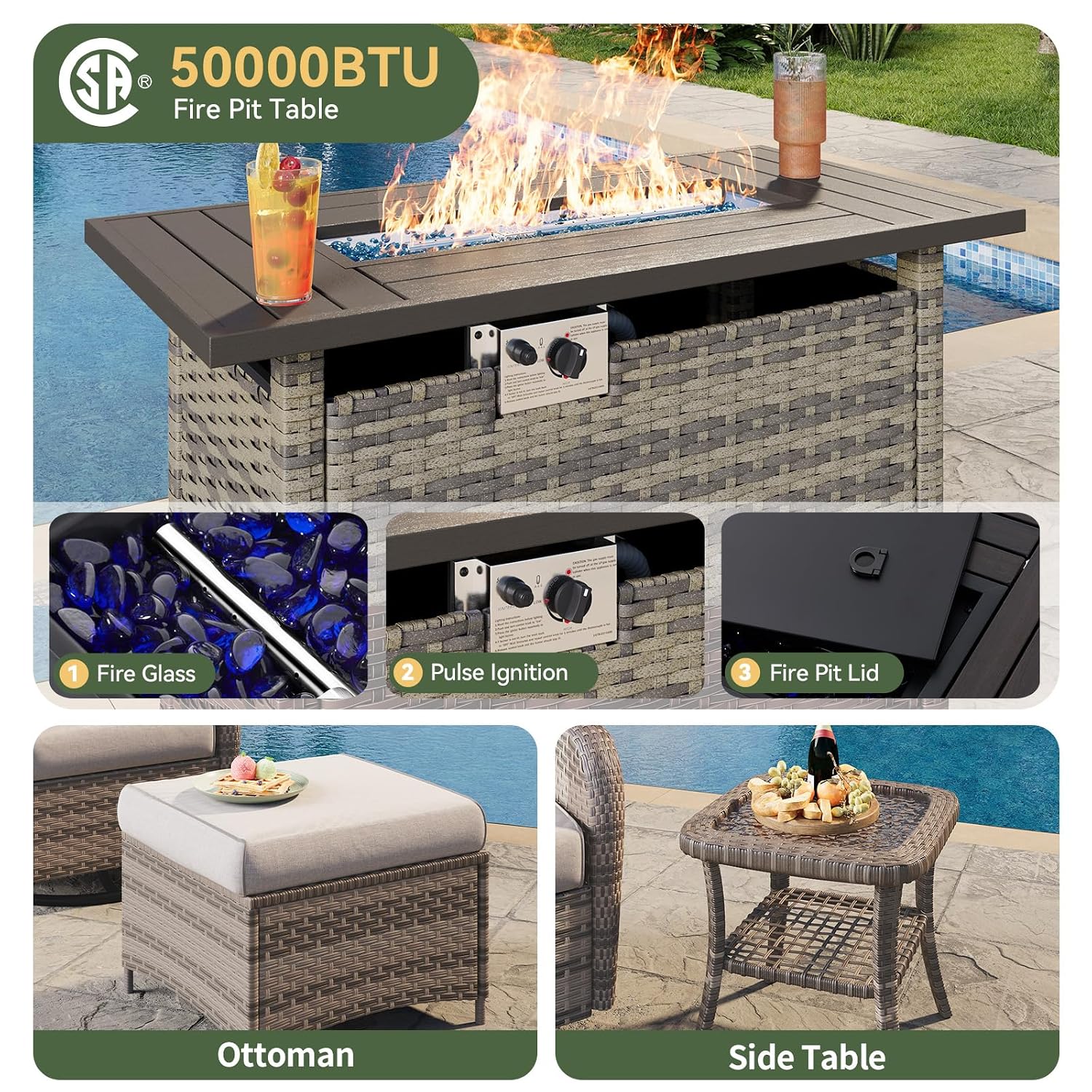 7-Piece Wicker Patio Set with  - огляд і ціна Outdoor Furniture Fire Pit Set