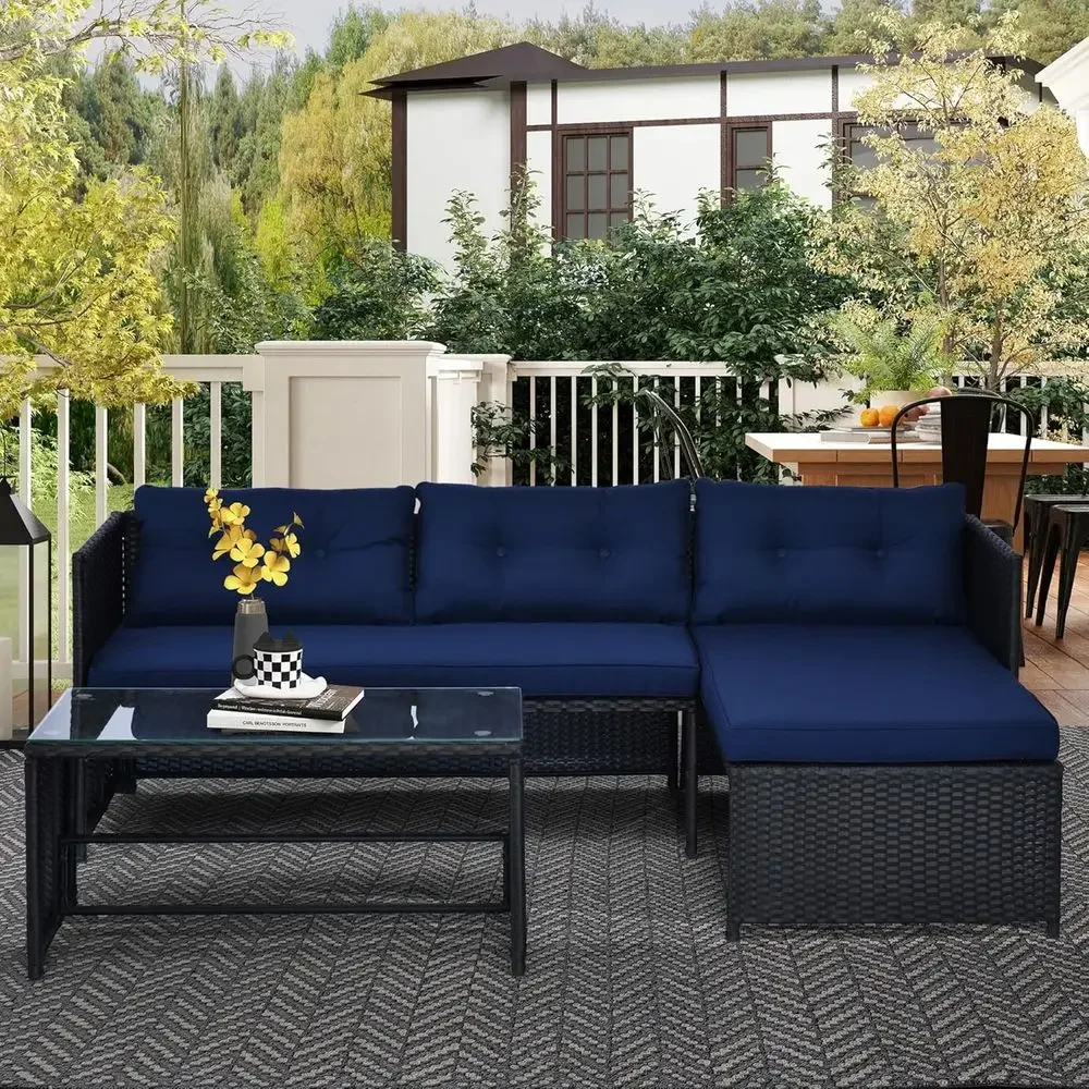 Blue L-Shaped Rattan Outdoor S - огляд і ціна Rattan Lounge Set